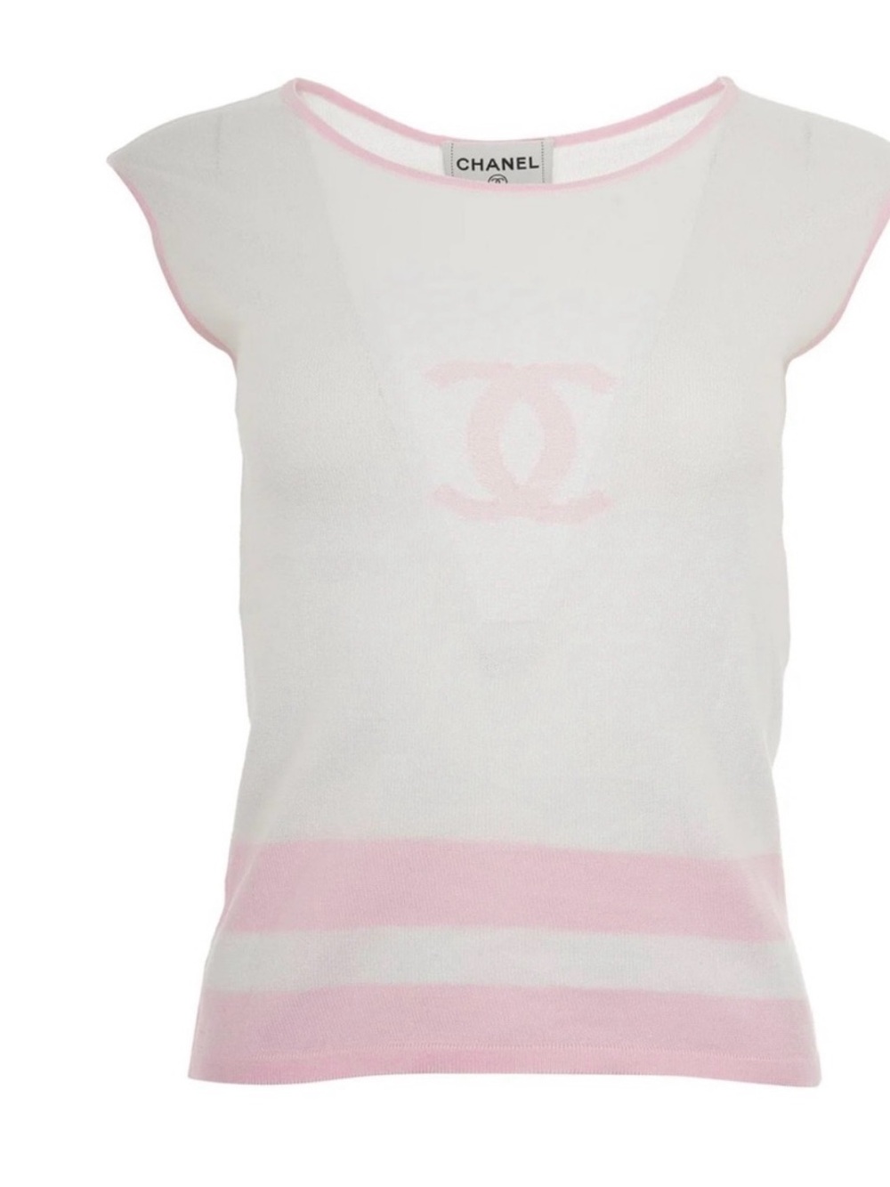 CHANEL White and Light Pink Short Sleeve Logo Knit Top